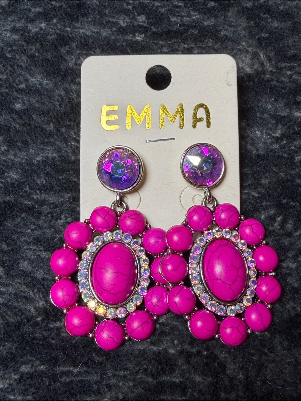 NWT EMMA Fuchsia Stone Rhinestone Statement Dangle Earrings Western Boho